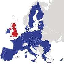 Brexit European Union map. Outline political map with European Union member states and British withdrawal from the European Union, shortened to Brexit. English labeling and scaling.